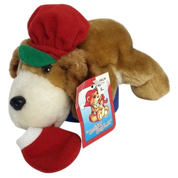 VTG Holiday HugEms Santa Basset Hound Dog 5.5" Plush Santa Hat & Stocking NWT - Picture 1 of 7